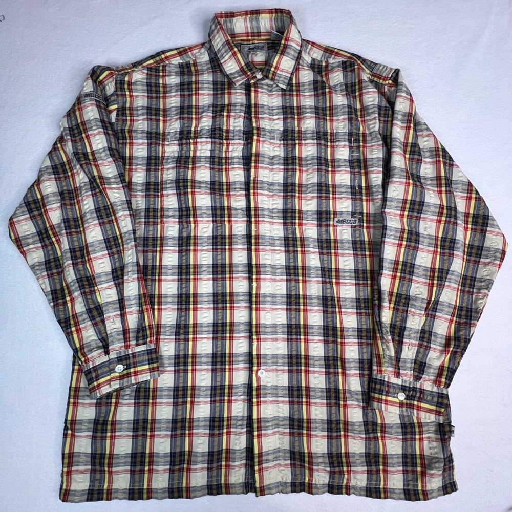 Mecca Mens XL Plaid Button‎ Down Shirt Long Sleeve Textured Seersucker Red Y2K